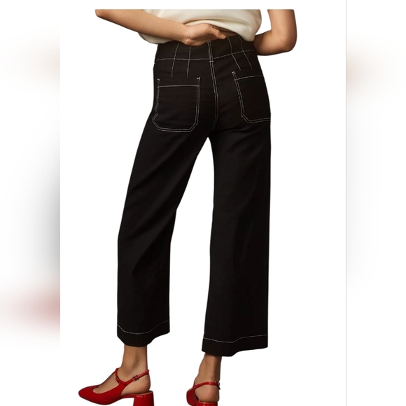 Anthropologie Maeve Colette Pants Women's 27 Black Crop Wide Leg Contrast Stitch - Picture 3 of 11